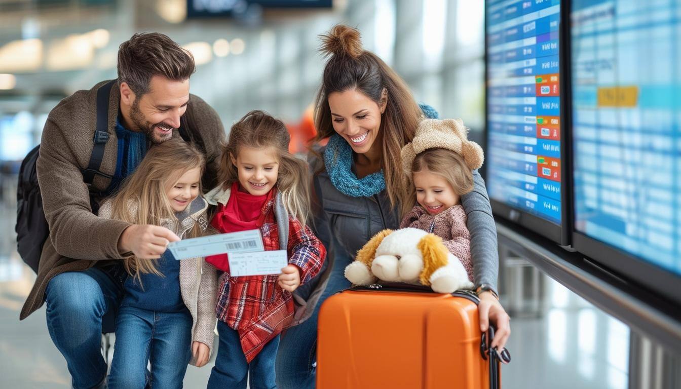 A joyful family of four at the airport, ready for their vacation-1
