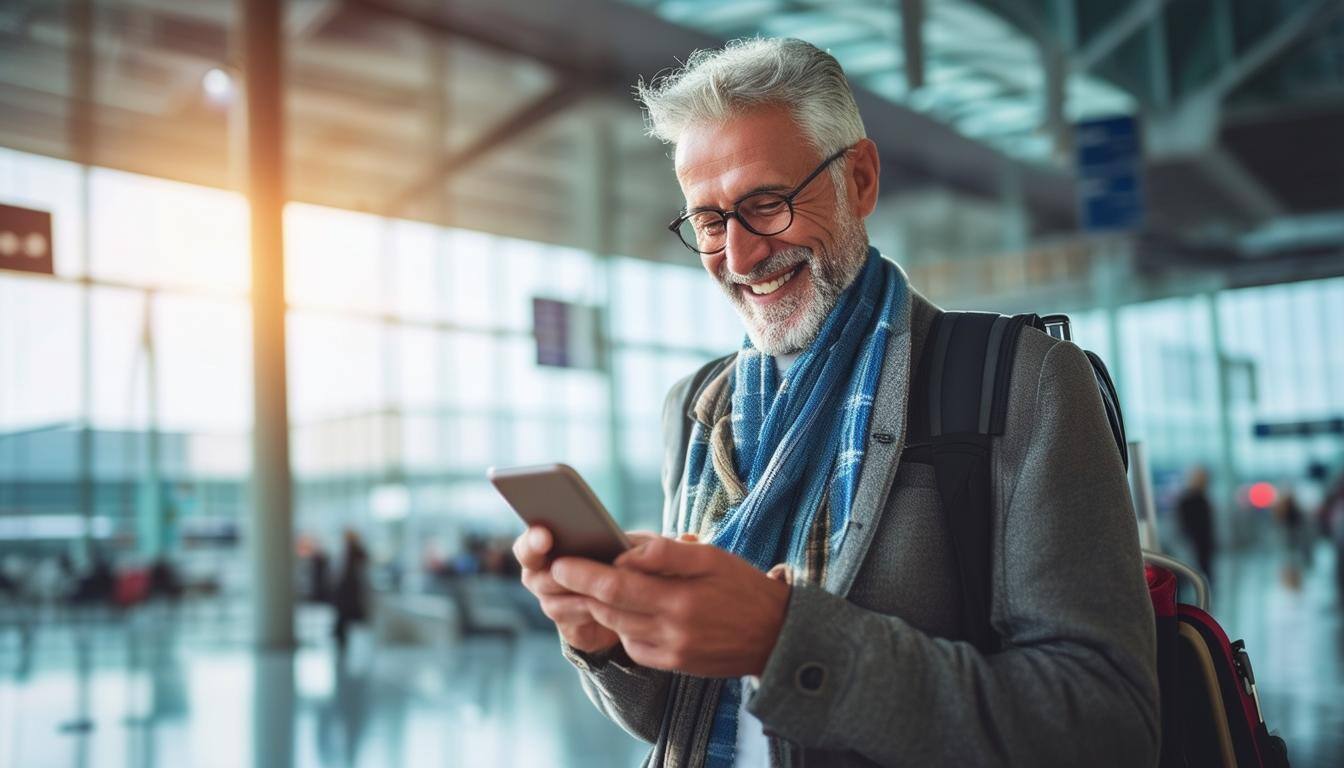A mature gentleman traveler at an airport, casually checking their phone with a smile, ready for a spontaneous trip