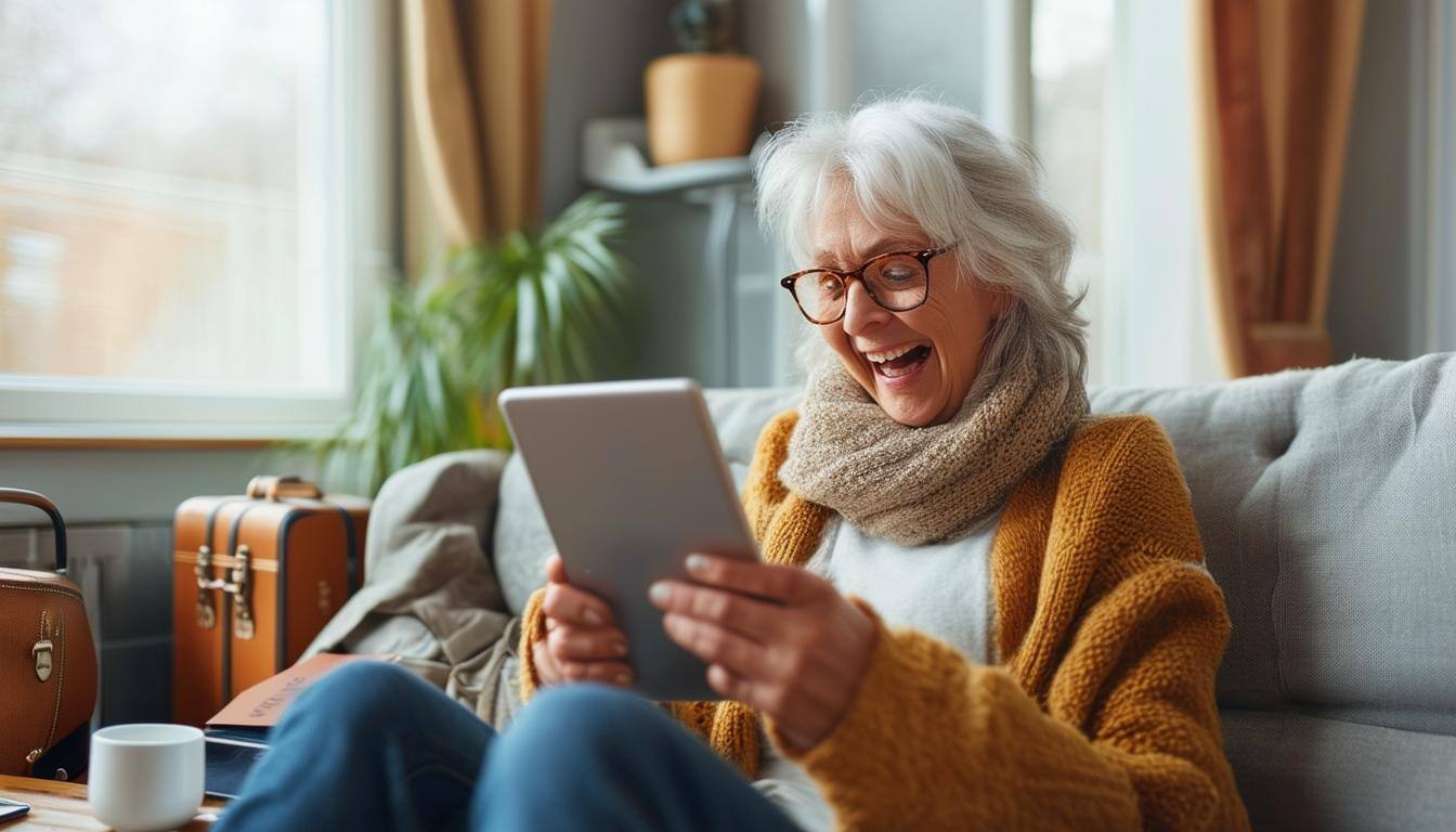 A mature traveler browsing a tablet or smartphone with their mobile app in front of them