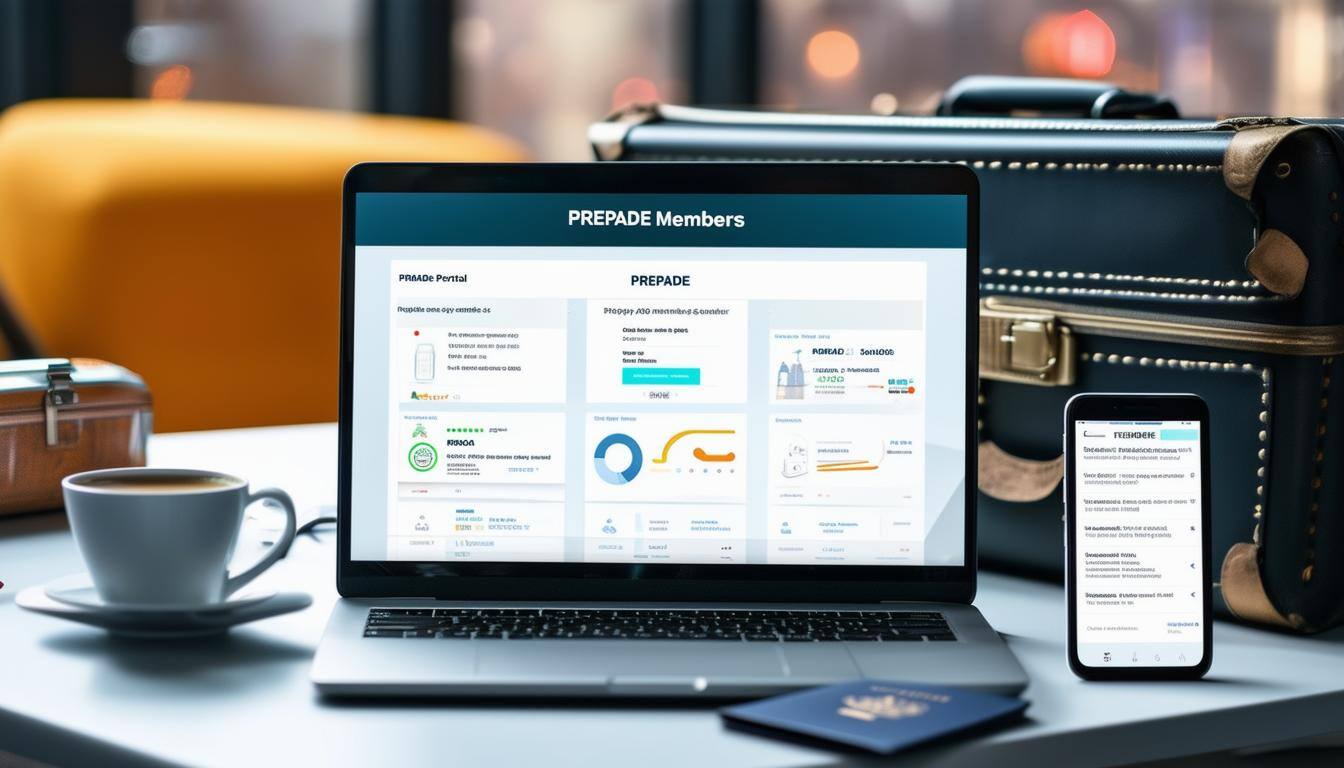 An inviting, modern workspace setting with a laptop open to the PREPADE members portal, showing a clean and organized dashboard
